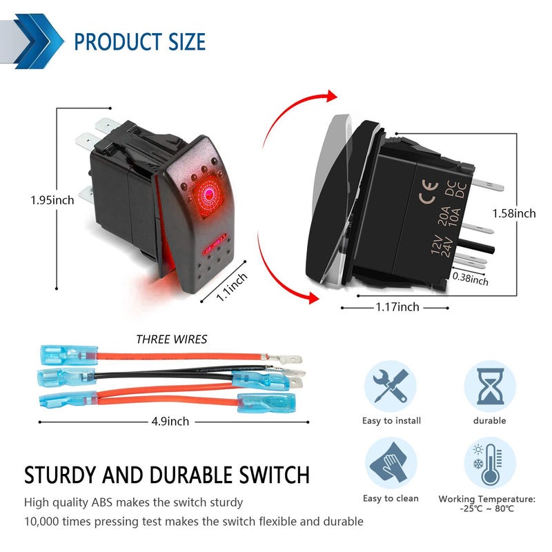 FXC Rocker Switch 5Pin Laser On/Off Red LED Light 20A/12V 10A/24V Toggle Switch with Jumper Wires Set for Automotive Boat Marine Truck Jeep Off-Road Bus RV - Image 3